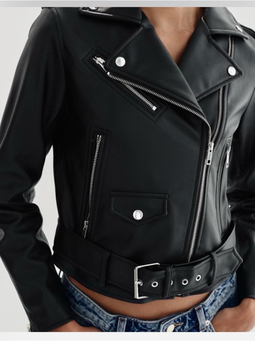 Zara Black Faux Leather Moto Jacket with Silver Hardware